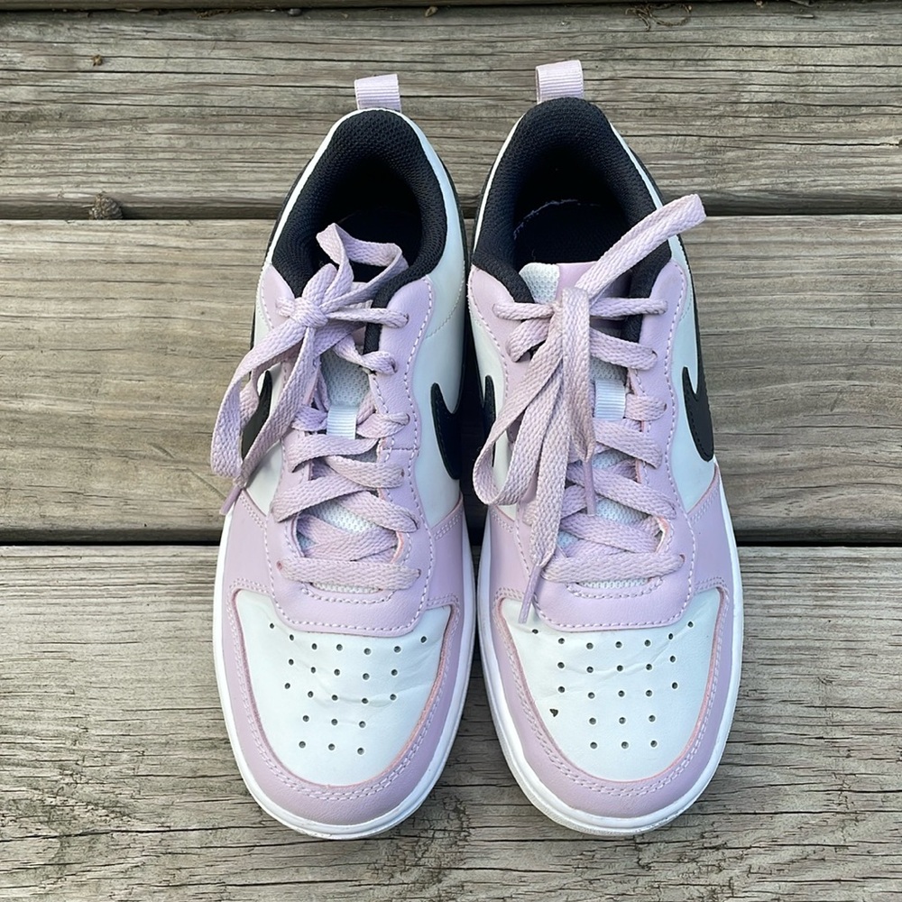 Nike Kids Pink and White Sneakers with Black Swoosh